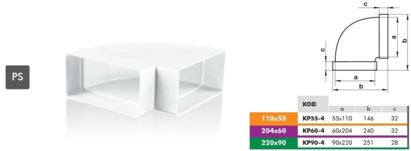 Plastové koleno hranaté vertikálne 204/60mm, 90°