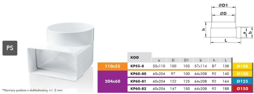 Prechodové koleno z okrúhleho Ø100mm na hranaté 204/60mm, 90°
