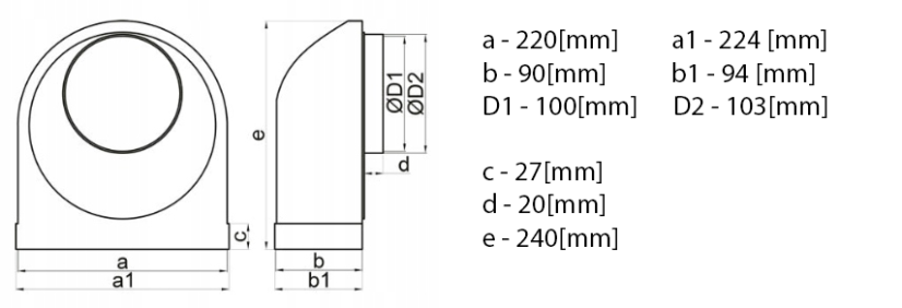 Prechodové koleno mimo osové z okrúhleho Ø100mm na hranaté 204/60mm, 90°