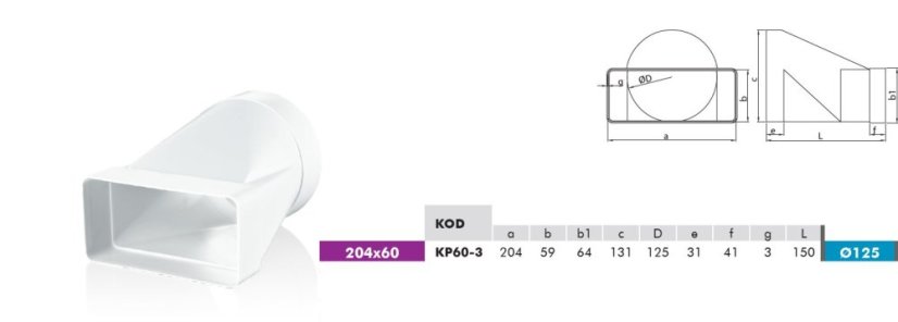 Prechodová redukcia z okrúhleho Ø125mm na hranaté 204/60mm